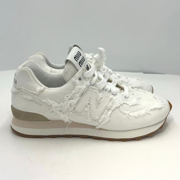 New Balance Custom 574 Miu Miu White Freyed Denim Sneakers EU 39/US 7.5-8 - Picture 1 of 16
